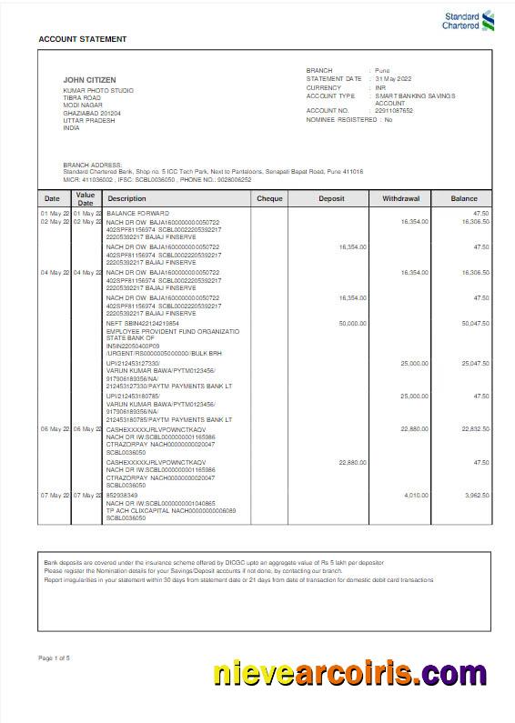 India Standard Chartered bank statement Word and PDF scr